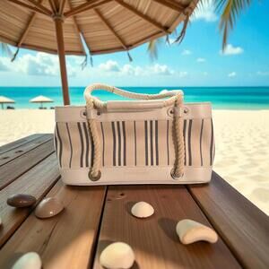 Burberry Striped Canvas & Leather Tote Bag – Designer